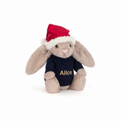 Jellycat Bashful Christmas Bunny with Navy Jumper USA | 01649OZGT